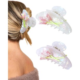 Mesovor 2 Pack Tulip Flower Acrylic Hair Claws, Nonslip 4.1" Large Hair Grip Hairclips for Thin and Thick | French Banana Barrettes Hair Clips Strong Hold Jaw Clamps (Colorful)