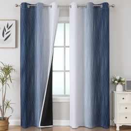 VEHEDE Ombre Colour Gradient Soundproofing Opaque Curtains Living Room Blackout Curtains Thermal Curtain Cold Protection Curtains with Eyelets Bedroom H 214 x W 107 cm, Dark Blue and White, Set of 2