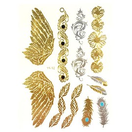 Allydrew Large Metallic Gold Silver and Black Body Art Temporary Tattoos, Feathers, Wings, Daisies