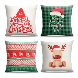 Christmas Decorative Cushion, Cushion Cover Christmas 45 x 45 cm, Pack of 4 Christmas Cushion Covers, Christmas Cushion Cover with Hidden Zip, Cushion Cover Christmas Motif for Deco Sofa Couch Bed Car