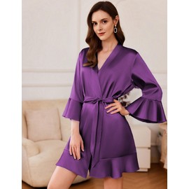 Ekouaer Womens Satin Kimono Robes Ruffled 3/4 Sleeve Short Dressing Gown Silk Robes Wedding Day Bathrobe Deep Purple XS