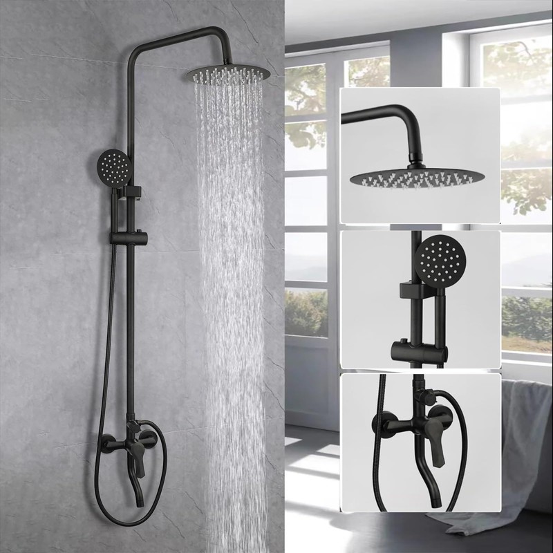 OUBONI Exposed Shower System 8 Inch Rainfall Shower Head Matte
