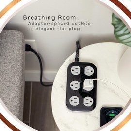 Cordinate Adapt 6 Widely Spaced Multiple Outlets Power Strip Surge Protector Braided 8 ft Extension Cord Flat Plug Electrical Extender for School Dorm Room Home Office 500 Joules, Black, 80998