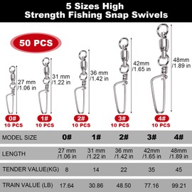 Annyswit 50 Pcs Fishing Snap Swivels Ball Bearing Swivels, 5 Sizes Stainless Steel Swivel with Coastlock, Strong Welded Ring, Suitable for Rivers, Freshwater, Float Fishing and the Sea