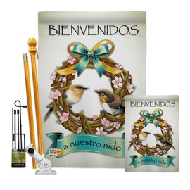 Bienvenidos a Nuestro Nido Garden House Flag - Kit Friends Birds Flamingo Hummingbird Cardinal Peacock Springtime Natural Wildlife - Banner Small Yard Gift Double-Sided Made in USA 28 X 40