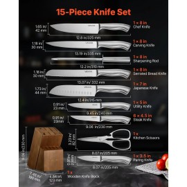 15-Piece Stainless Steel Kitchen Knife Set Wooden Block Ergonomic Handle Sharpener Home Cooks ModelDefault: Default