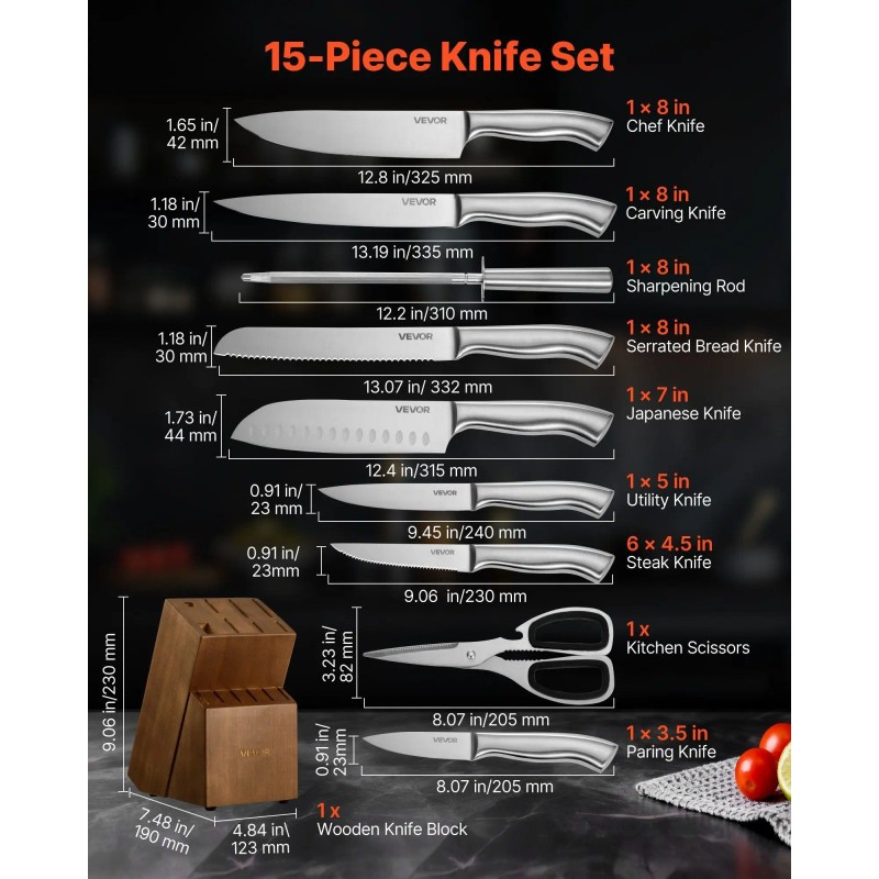 15-Piece Stainless Steel Kitchen Knife Set Wooden Block Ergonomic Handle