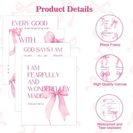 Vexilon 4 PCS Pink Bow Wall Art, Preppy Bible Verses Canvas Wall Art, Aesthetic Room Decor Coquette Wall Decoration for College Teen Girls Bedroom Living Room