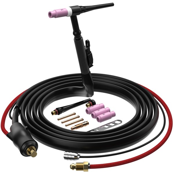 ARCCAPTAIN TIG Torch with High-Frequency Ignition, WP-17 Air-cooled Argon TIG Welding Torch with 35-50mm² Plug, 13-FT Air Hose (Red) and Cable, HF Tig Torch 150amp for ARCCAPTAIN TIG200/TIG200PACDC