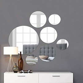Light In The Dark Large Round Mirror Wall Mounted Assorted Sizes (1x12”, 3x9”, 3x6”) - Set of 7 Round Glass Mirrors Wall Decoration for Living Room, Bedroom or Bathroom.