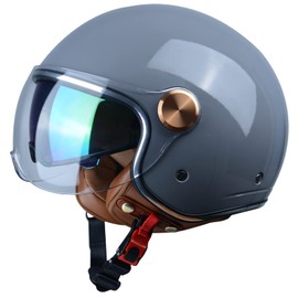 BEON Half 3/4 Face Motorcycle Helmet, DOT Approved, Retro Vintage Style, Dual Visors Men’s and Women’s Motorbike Casco for Moped Cruiser Bobber and Chopper (S, Glossy Grey)