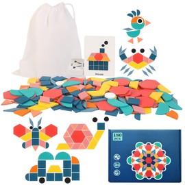 YELINTIAN 180Pcs Wooden Pattern Blocks, Tangram Shape Puzzle Set, Geometric Shapes with Cards Tangram Puzzles for Kids Educational Tangram Toys tangrams for Kids Ages 4-8