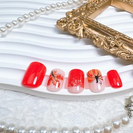 24Pcs Fall Press on Nails Short Square Fake Nails with Gold Glitter Designs Thanksgiving Day Maple Leaf Acrylic Nails Cute Pumpkin Stick on Nails Full Cover Red Brown False Nail Tips for Women