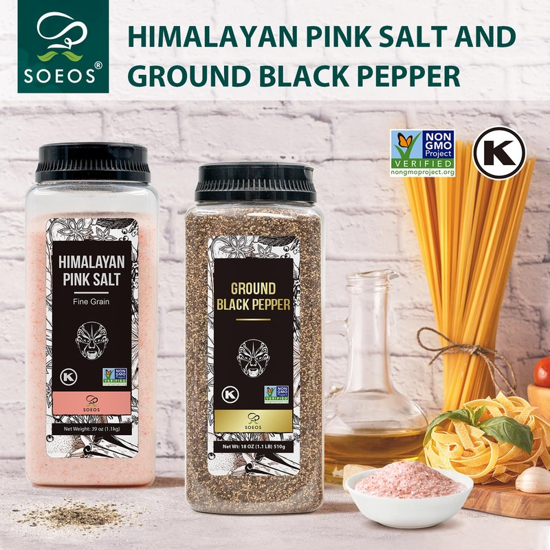 Soeos Himalayan Pink Salt Fine 39 oz + Ground Black