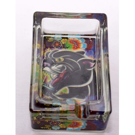 Ashtray New 3.5" Solid Glass Tattoo Art Black Panther with Colorful Floral Backgrounds Decorative (1 Growling Panther Purple Flower Background)