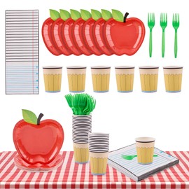 100 Pcs Back to School Disposable Tableware Set Preschool Graduation Party Decoration Apple Paper Plate Pencil Cup and Napkins for 25 Guest First Day of School Supplies