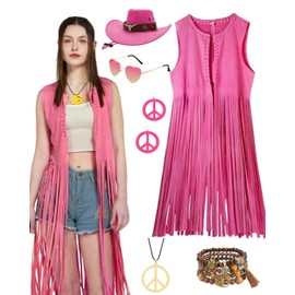 Ginkago Ginkago Hippie Kostüm Set Cowgirl Western Outfit mit Fransenweste Weste Hippie Ohrringe Brille Armband Halskette Mode 60er 70er jahre bekleidung für karneval Mottoparty (Rosa, L)