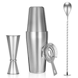 Professional Cocktail Shaker, Professional 5-Piece Bartender Kit with Boston Shaker, Hawthorne Strainer, Double Measuring Cocktail Jigger, and 10-inch Mixing Spoon, Stainless Steel Martini Shakers