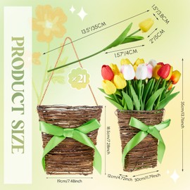 CroBlissful Tulips Spring Door Hanger Basket Wreath with 15 Pcs 15 Inch Artificial Tulips Fake Flower Basket for Door Hanging Spring Wreath for Spring Easter Outdoor Indoor Front Door Decorations