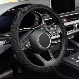KAFEEK Multiple Colors Elastic Breathable Grid Square Car Steering Wheel Cover 15 inch Universal Fit  All Season Comfort:_Black B version