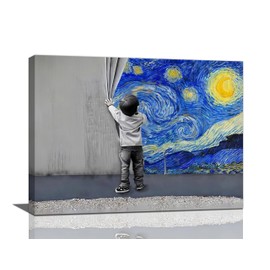 xiilo Banksy Wall Art Boys Starry Night Street Graffiti Pictures Wall Decor Kids Canvas Painting Pop Home Modern Artwork Decorations Framed for Living Room Bedroom Bathroom Office 16 x 12 inch