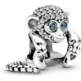 Beads R Us ® - Monkey with long tail Charm/Bead and Pendant in Solid Sterling Silver Hallmarked 925 and Crystals, Compatible with all European style Charm Bracelets and Necklaces.