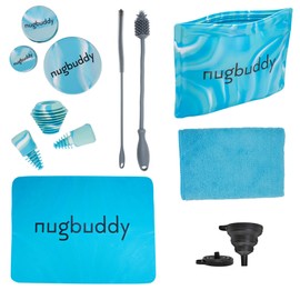 nugbuddy Glass Cleaning Kit - Reusable Silicone Accessories - Complete Kit to Clean your Piece, Just Add Cleaner - Reusable Soaker Bag, Brushes, Mat, Caps & Plugs, Funnel, & Microfiber Towel