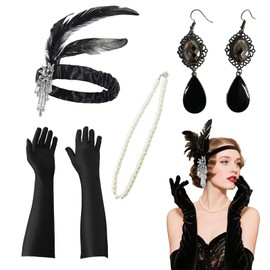 VGRDTW 1920s Accessories for Women - 4P Set with Feather Headband, Gloves, Pearl Necklace & Earrings, Dress Accessories, Retro Vintage Style for 1920s Party, Cosplay, Bridal Events