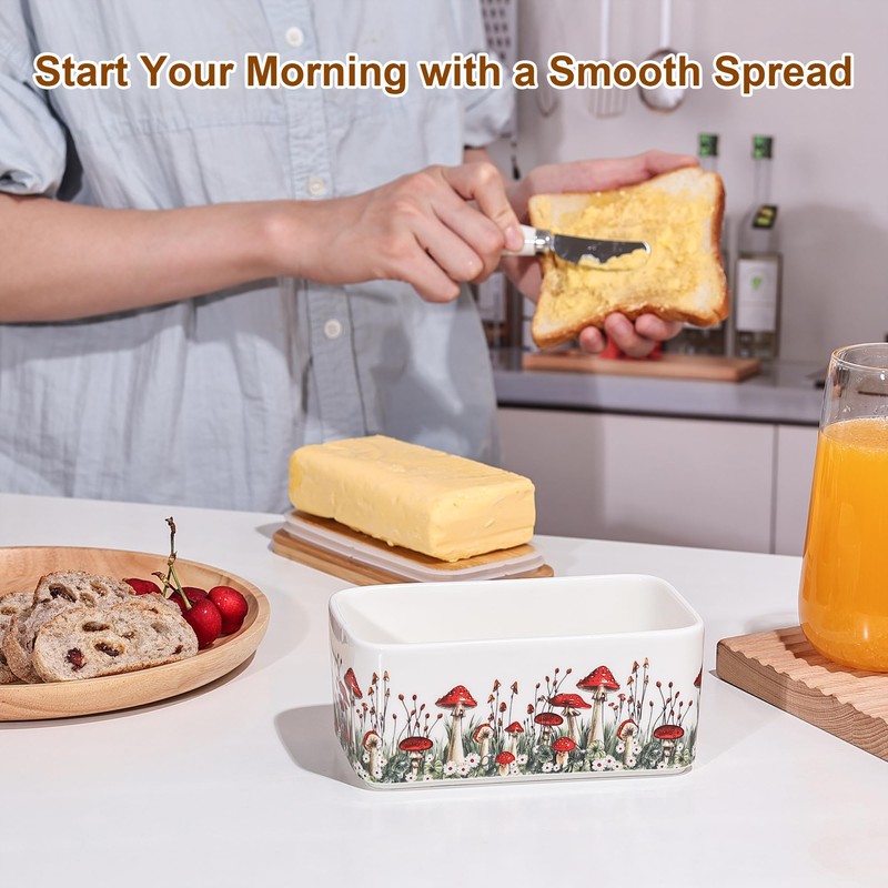 Fungi Fun Ceramic Mushroom Butter Dish with Lid and Knife,