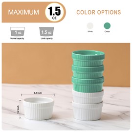 Vidalenta Mini Ramekins 1.5 oz Dipping Sauce Cups Ceramic Tiny Ramekins Set of 6 - Porcelain Souffle Dish Condiment Cups Small Bowls for Charcuterie Board, Microwave & Oven Safe, WhiteGreen