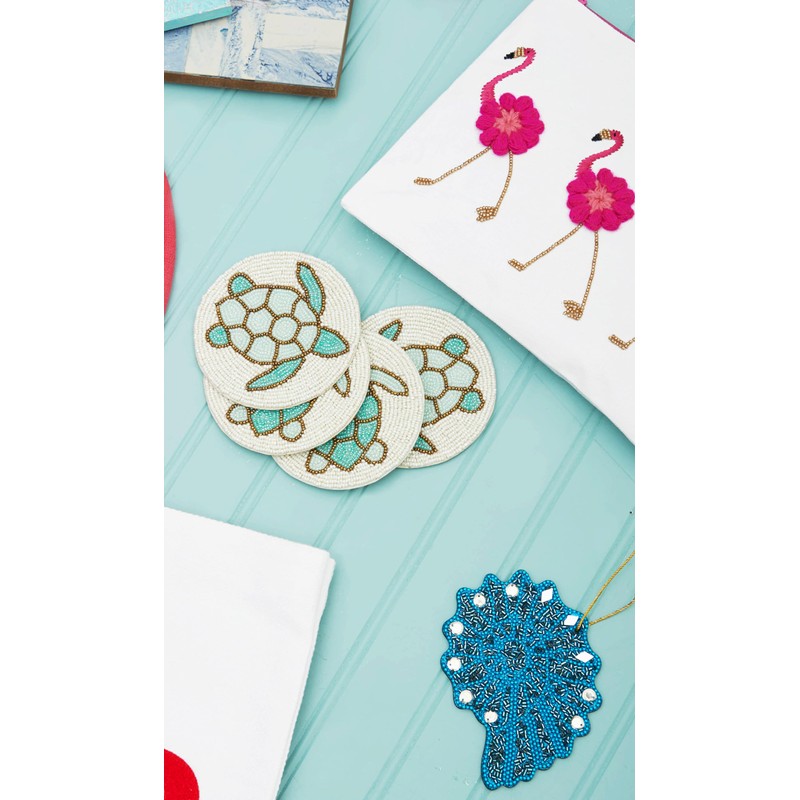 Beachcombers Beaded Sea Turtle Coasters Set of 4, S/4 Green