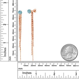 Gem Stone King 1.70 Ct Round 5mm Blue Zircon 18K Rose Gold Plated Silver Stud Extra Long Statement Enhancer Earrings 3.5 Inch