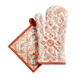 Maison d' Hermine Oven Mitt (7.5"x13") & Pot Holder (8"x8") 100% Cotton Set of Heat Resistant Oven Gloves & Hot Pads, BBQ, Cooking, Baking, Cachemire - Thanksgiving/Christmas