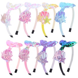 Rhoxshy 8 PCS Sequine Mermaid Tail Headbands for Girls Glitter Fish Tail Head Band with Teeth Stretchy Mermaid Headbands Plastic Starfish Shell Hair Accessories Pool Theme Party Favors for Kids