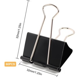 Bulldog Clips, 60PCS Binder Clips, 32mm Foldback Clips Medium Paper Clamps Binder for Office Home School-Black
