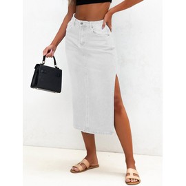 Genleck Women's Maxi Long Denim Skirts High Waist White Jean Skirts with Pockets (White, 6)