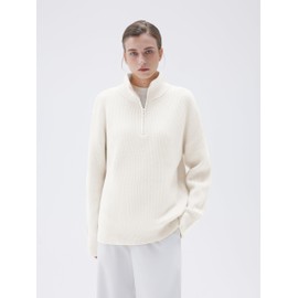 SUUKSESS Women Cashmere Oversized Quarter Zip Pullover Sweater Long Sleeve Collared Ribbed Knit Jumper Tops (White, L)