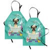 Lunarable Cartoon Apron Pack of 2, Pug Dog in Bathtub