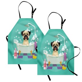 Lunarable Cartoon Apron Pack of 2, Pug Dog in Bathtub Grooming Salon Service Shampoo Rubber Duck Pets in Style Image, Unisex Kitchen Bib with Adjustable Neck, 2 Pcs - Adult Size, Teal