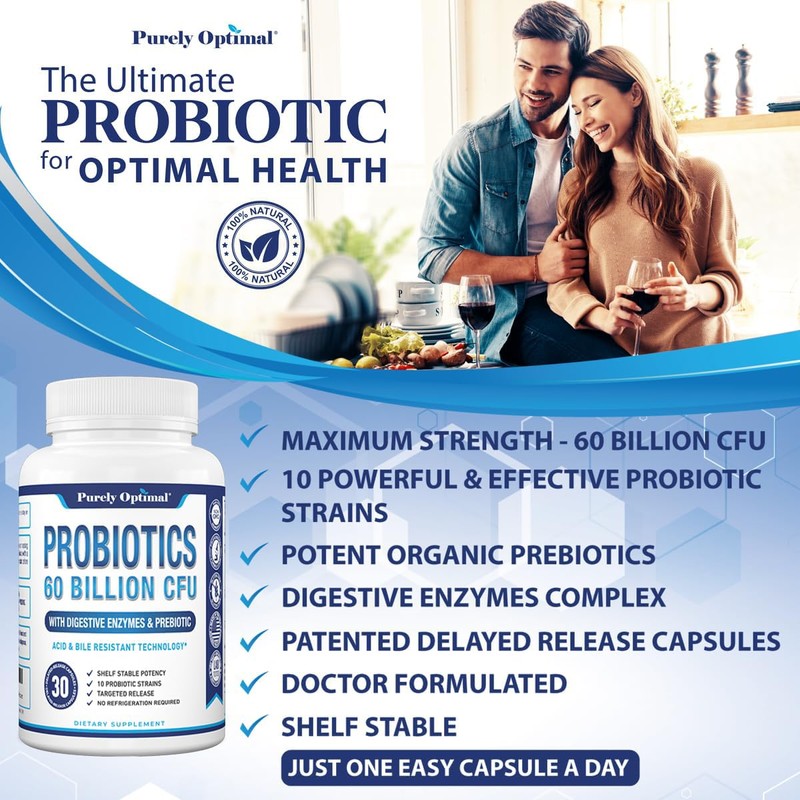 Purely Optimal Premium Probiotics 60 Billion CFU w/Organic Prebiotics &