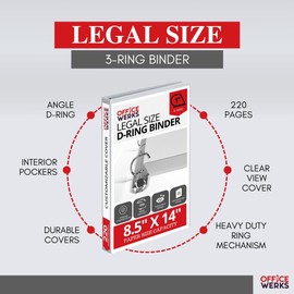 Office Werks Heavy Duty 4-Pack Legal Size View Binder - 14" x 8.5", White, 1 Inch D-Ring, Back Mount Binder