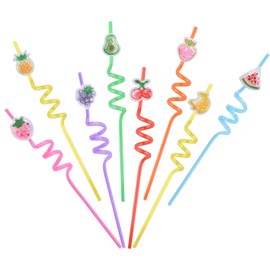 HOMMDECO 24 Pieces Glitter Fruit Spiral Straws Reusable Bendable Food Grade Plastic Cartoon Design for Decorating Birthday Party and Gathering