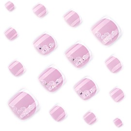 24 Pcs Pink Purple Press On Toenails for Women,YEFIUO Acrylic Fake Toe Nails Press ons Nail Art Rhinestones White French Glossy Design Full Cover False Nails Glue on Toe Nails Stick on Nails for Ma'am