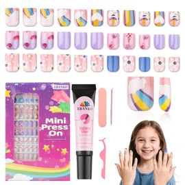 130 Pcs Press on Nails for Kids, EBANKU Floret Rainbow Cloud Heart Fake Nails for Girls 8-12 Years Stick On False Nails Kit with Jelly Nail Adhesives & Builder Glue, 5 Packs Full Cover Nails Tip