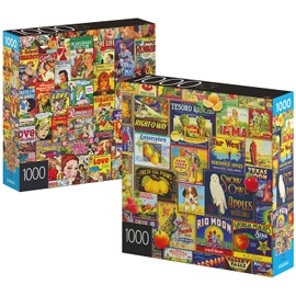 Spin Master Games, Rompecabezas de 1000 Piezas, Paquete de 2, Etiquetas Retro de cómics y Frutas, Rompecabezas para niños de 8 años en adelante