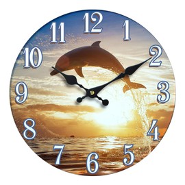 Sea Creations Glass Wall Clock - Coastal, Nautical, and Beach Themed | Decorative and Aesthetic Timepiece | Ideal Home Decor for Living Room, Bedroom, or Beach House | 13 x 13 Inches | Dolphin Sunset