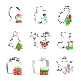 WDYJMALL Christmas Cookie Cutters 9 Piece Set Snow Globe Crystal Ball Snowman Holly Christmas Tree Reindeer Stocking Gift Box House Snowflake - C