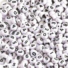 DAHI 800pcs White Acrylic Number 0~9 Round Beads for Threading 4 x 7 mm Black Letter Craft Letters 0-9 Flat Round Acrylic Beads for Jewellery Crafts (4 * 7 Black-White)