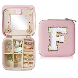 Mothers Day Gifts for Mom Travel Jewelry Case Jewelry Organizer Box, Jewelry Boxes Travel Essentials for Women Girls, Small Jewelry Box with Mirror Initial F