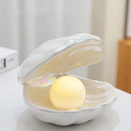 Shell Pearl Night Light, Ceramic Shell Decorations, Night Decoration Decorative Lamp, Ceramic Desktop Lamp, LED Lamp, Summer Beach Starfish Ceramic Ornament, for Bedroom Bedside Decorative (White)